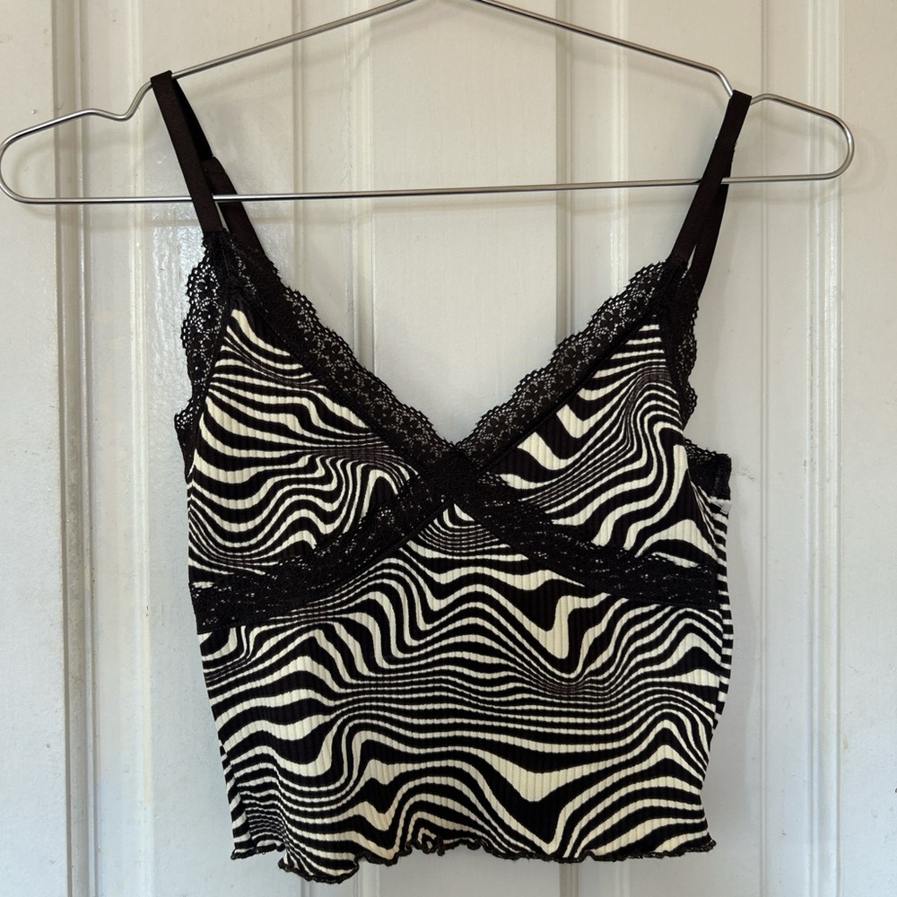 Black and White Striped Lace Trim Cami Top